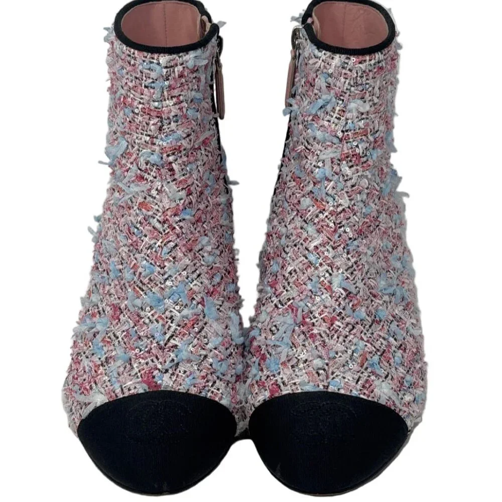 Chanel CC Pink Tweed Ankle Boots with Grosgrain Cap Toe Sz-37 - Picture 2 of 8